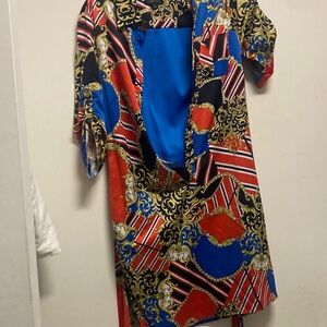 TAHARI/Vibrant Multicolor Patterned Dress with belt; buttons down front.